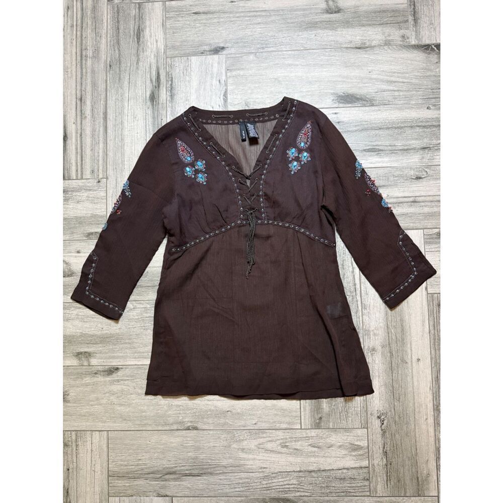 Mix It Sheer Brown Embroidered V-Neck Tunic with Colorful Beaded Accents